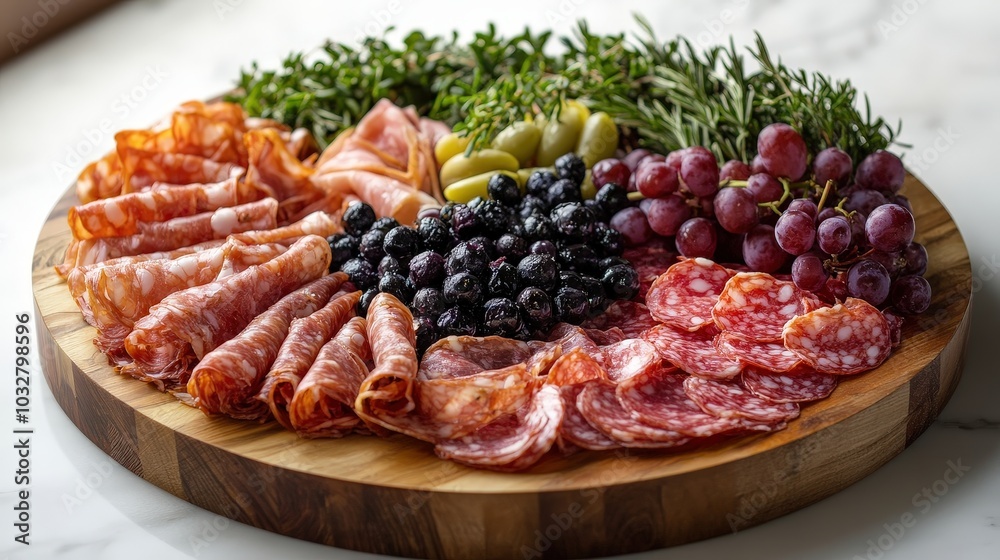 Obraz premium Elegant Charcuterie Board Display showcasing Delicacies in Circular Arrangement from Top-Down Perspective