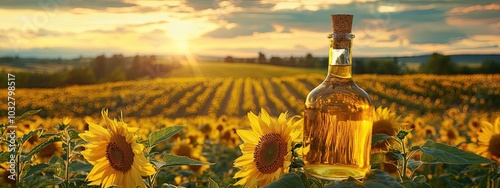 sunflower oil and sunflowers. Selective focus