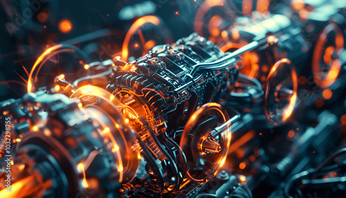 processes driving the car engine, futuristic style , add fire or particles energy