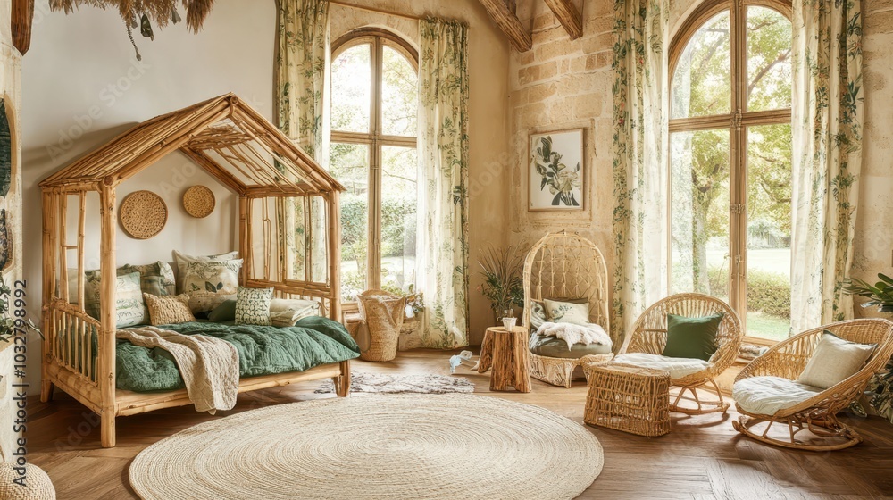 Wooden house-frame bed in cozy, minimalist bedroom, concept of warmth and comfort Wooden house-frame bed in cozy, minimalist bedroom, concept of warmth and comfort