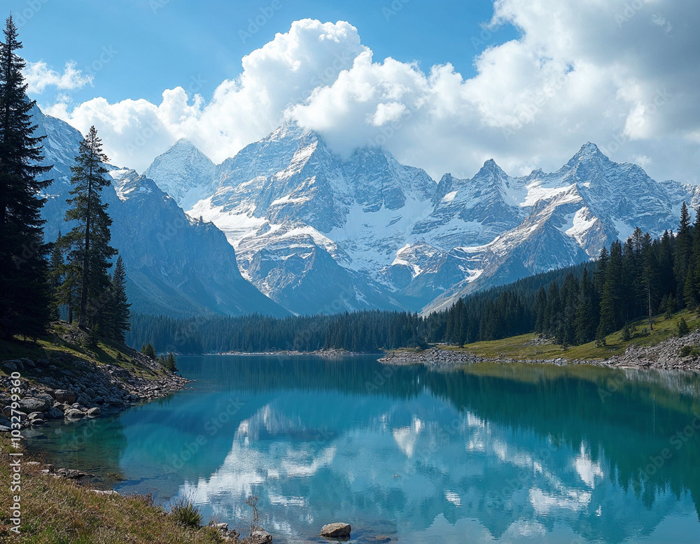 Stunning Mountain Landscape With Clear Blue Lake Reflection
