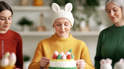 Enabled woman decorating an Easter cake with pastel icing, surrounded by family members who are helping to set up for the Easter celebration, creating a warm and inclusive moment 