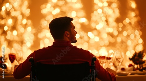 Family celebrating Christmas dinner, with a person in a wheelchair sitting at the head of the table, sharing joyful moments and toasts with loved ones 