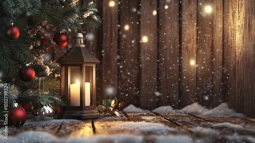 A cozy Christmas scene with a lantern and ornaments hanging from a wooden background. The snow, burning candle, and brown planks create a warm and inviting atmosphere. photo