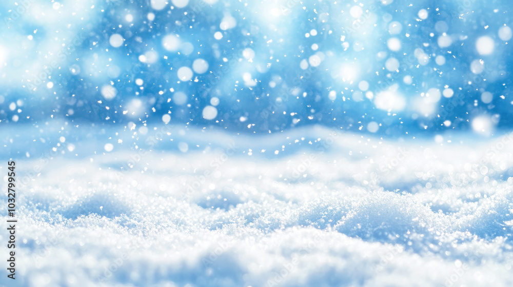 Fototapeta premium A serene and winter scene with freshly fallen snow and sparkling snowflakes against a blue sky, banner, copy space.
