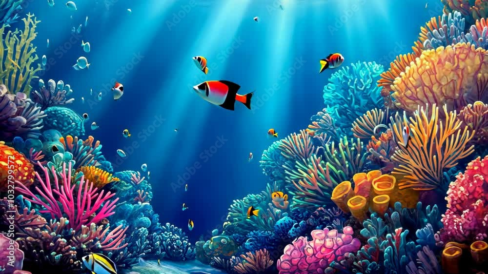 Colorful fish swim through a vibrant coral reef in the warm tropical ocean