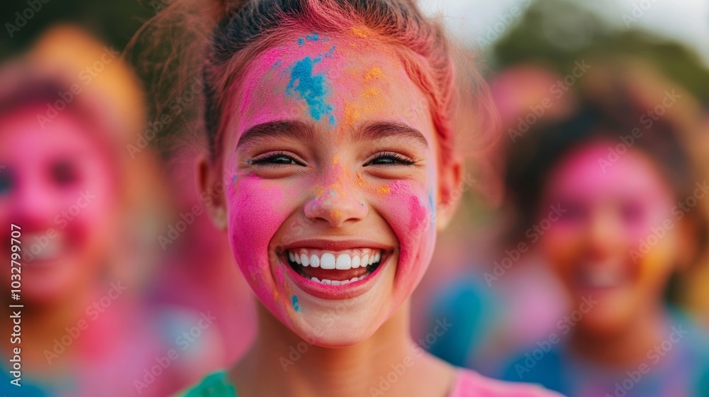 Joyful scene of people playing with colorful powder at a festival, their smiles bright and faces covered in rainbow colors for International Day of Happiness Joyful scene of people playing with colorful powder at a festival, their smiles bright and faces covered in rainbow colors for International Day of Happiness
