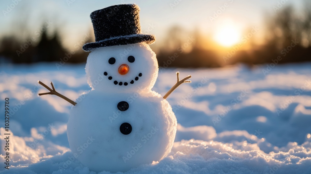 Obraz premium Melting snowman with a tilted top hat, his stick arms drooping and one coal button fallen to the ground, as the warm sun slowly melts him away 