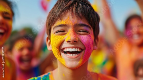 Joyful scene of people playing with colorful powder at a festival, their smiles bright and faces covered in rainbow colors for International Day of Happiness 