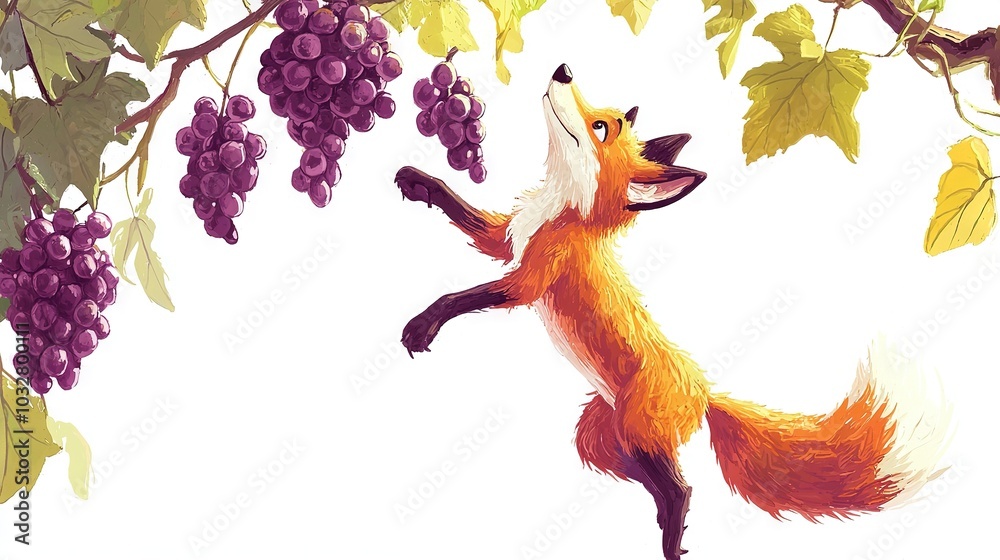 A fox standing on hind legs in front of purple grapes A fox standing on hind legs in front of purple grapes