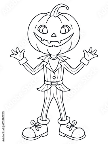 Halloween pumpkin head character in a suit, simple coloring page illustration