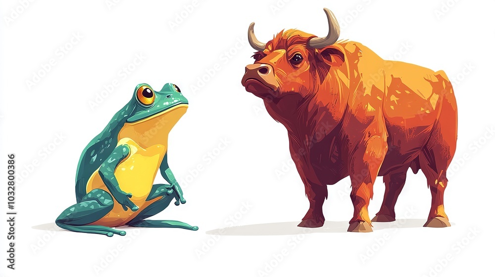 Fototapeta premium A bull and a frog sitting together, facing one another on a white background