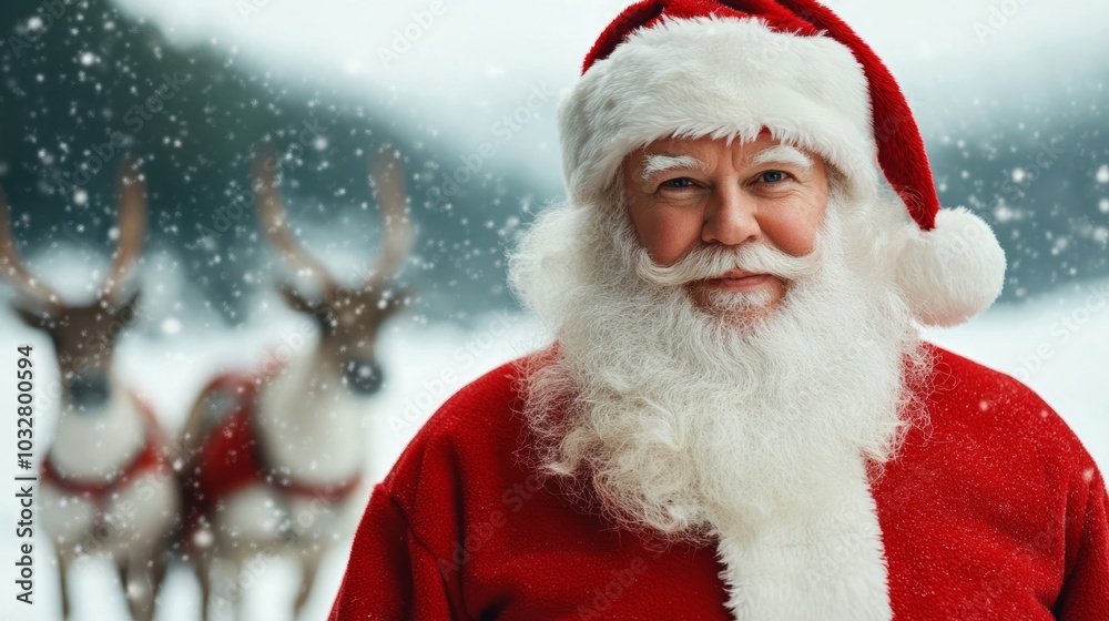 Santa leaning against his sleigh, looking down with a somber expression, his reindeer standing quietly beside him in the snow-covered landscape Santa leaning against his sleigh, looking down with a somber expression, his reindeer standing quietly beside him in the snow-covered landscape