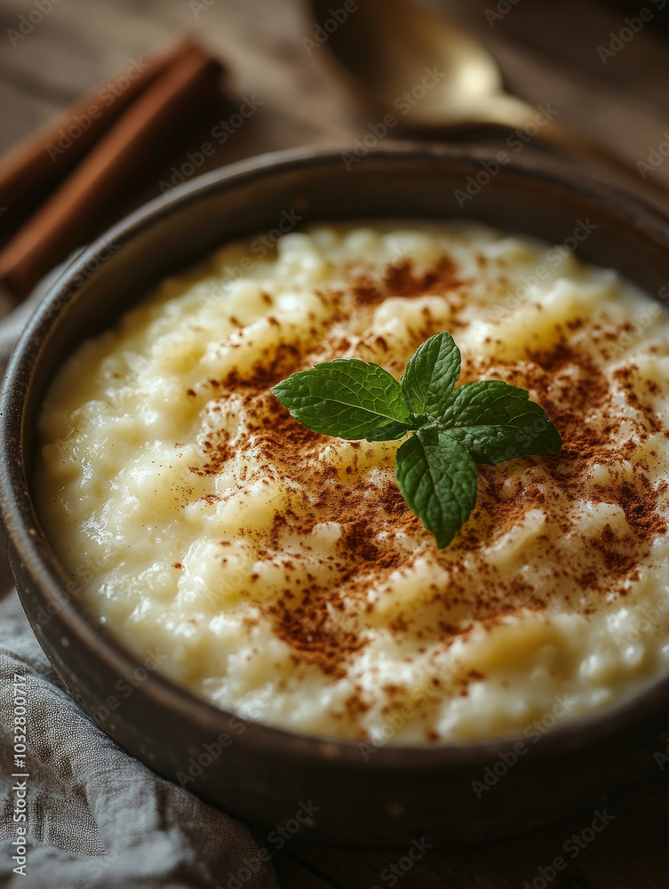 Bowl of rice pudding with cinnamon and mint garnish Bowl of rice pudding with cinnamon and mint garnish