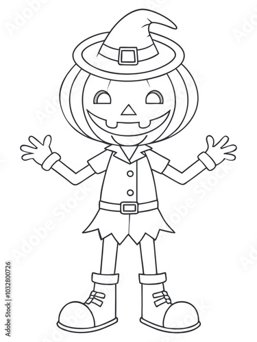 Coloring page with a pumpkin-headed character wearing a witch hat and festive outfi