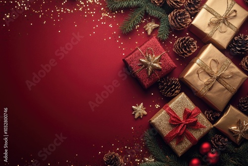 Festive Christmas Decorations with Gifts and Pinecones on Red Background