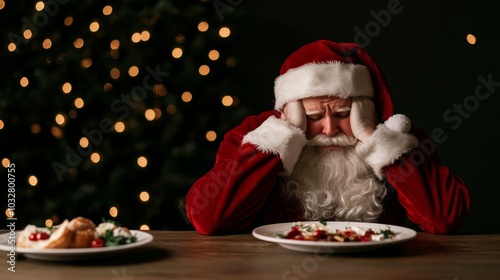 Santa sitting alone at a dinner table, his head resting on his hand, with untouched food and dimmed Christmas lights in the background, evoking a feeling of loneliness  photo