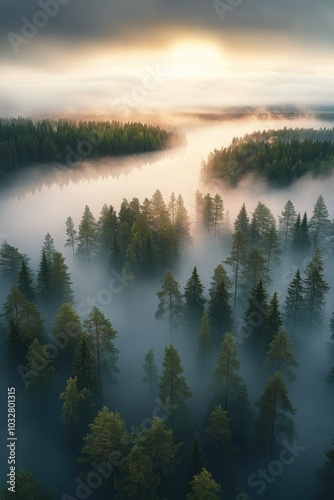 Foggy Morning Over Forest and Lake with Sunlight