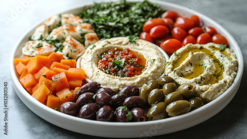 Mediterranean mezze platter with hummus and vegetables. photo