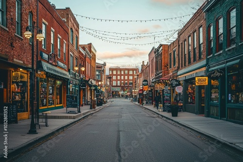 Empty Brick Street with String Lights and Shops at Dusk