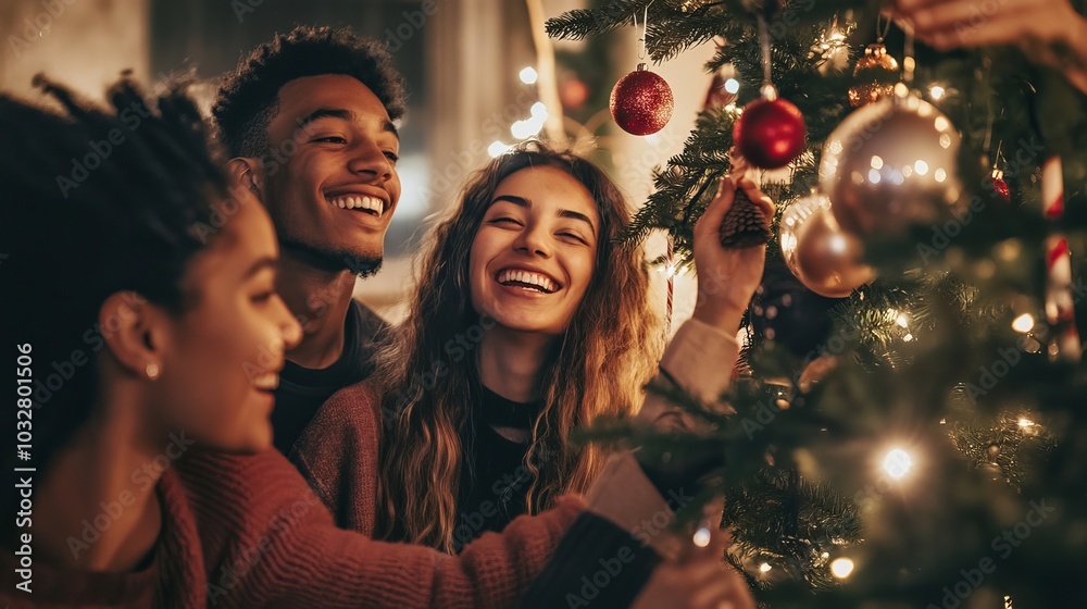 A group of people decorate a Christmas tree with ornaments and lights. They are smiling and look happy to be together. A group of people decorate a Christmas tree with ornaments and lights. They are smiling and look happy to be together.