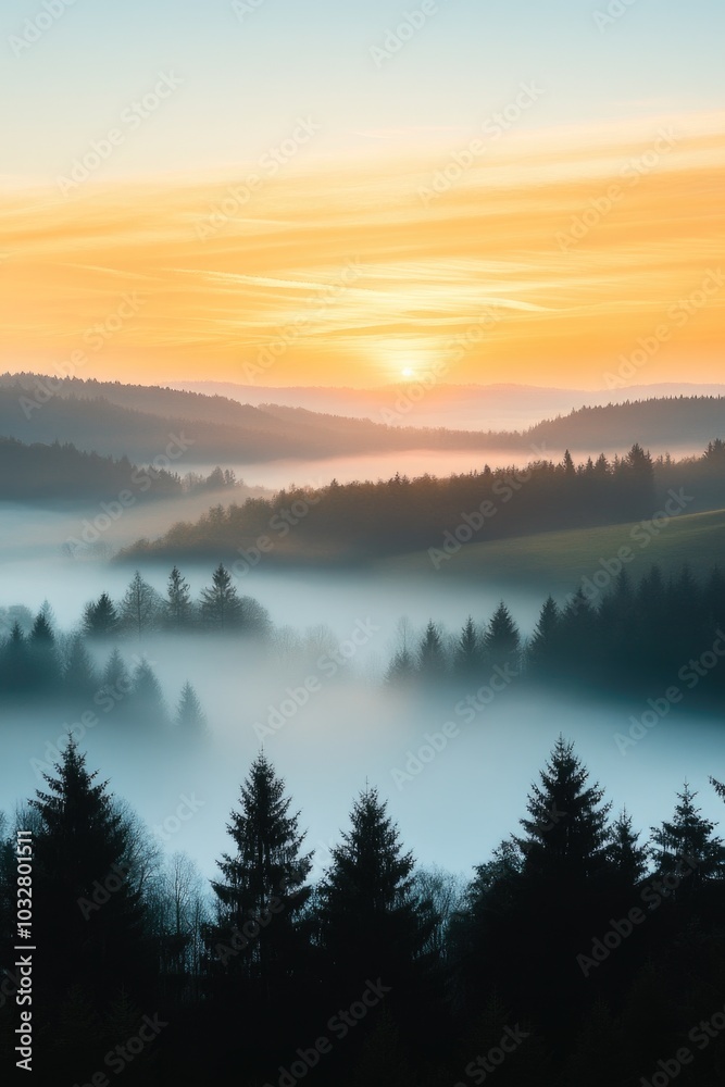 Fototapeta premium Golden Sunrise Over Misty Hills and Forests at Dawn