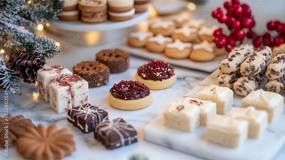 A picture of Christmas baking. There are many cookies and desserts on a white marble table. A picture of Christmas baking. There are many cookies and desserts on a white marble table.