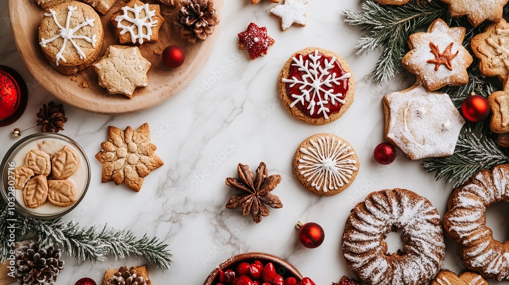 A picture of Christmas baking. There are many cookies and desserts on a white marble table.