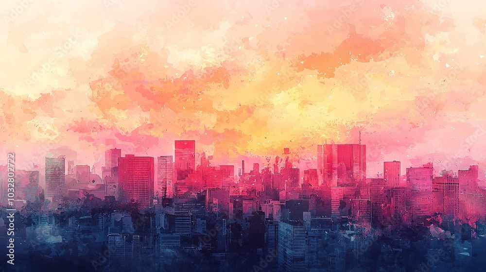 Fototapeta premium Cityscape with Buildings, Yellow Sky