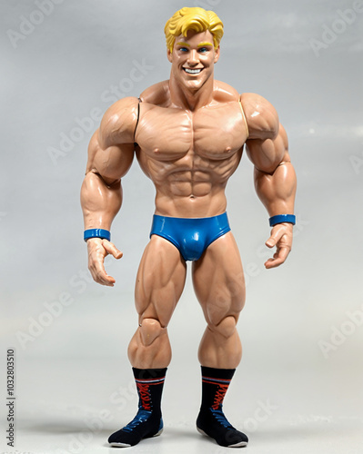 Aggressive Professional Wrestler Action Figure With Blonde Hair Wearing Small Blue Spandex Brief Costume and Boots