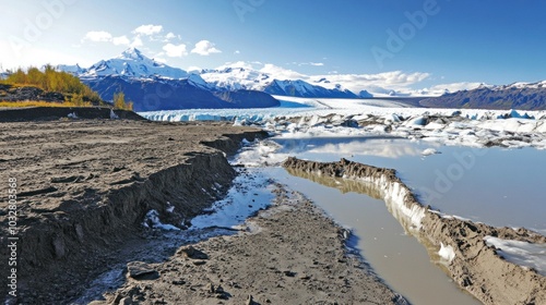 The setting features a vast glacier with vibrant blue ice and majestic snow-covered mountains in the backdrop. A calm water body reflects this stunning natural scene under a clear sky