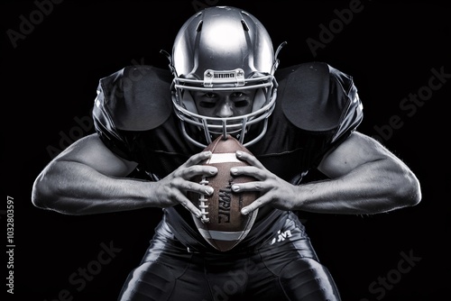 The Gridiron's Intensity: A lone American football player, clad in black and silver, stands poised in a powerful stance, the leather ball held tight in his gloved hands.