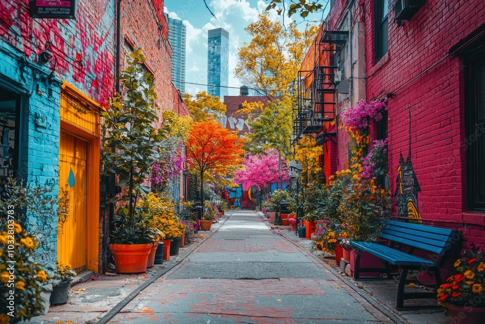 Fototapeta premium A Colorful Urban Alleyway with a Bench and Flowers
