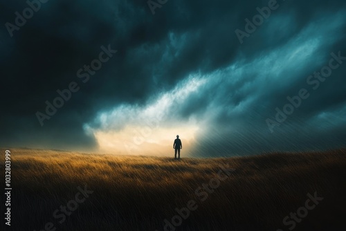 Solitary Figure in a Field with Dramatic Clouds photo
