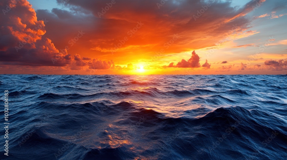 As the sun sets on the horizon, vibrant oranges and reds fill the sky, illuminating the vast ocean waves that gently ripple under the fading light As the sun sets on the horizon, vibrant oranges and reds fill the sky, illuminating the vast ocean waves that gently ripple under the fading light