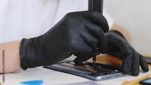 Hands of a man unscrews the bolt in a smartphone with a screwdriver.
