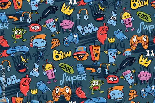 Abtrsact seamless monsters character with cartoon gamepads, dude character, pepper, juice bottle, guitar, crown, headphones. Comics boy repeat print for sport textile, wrapping paper.