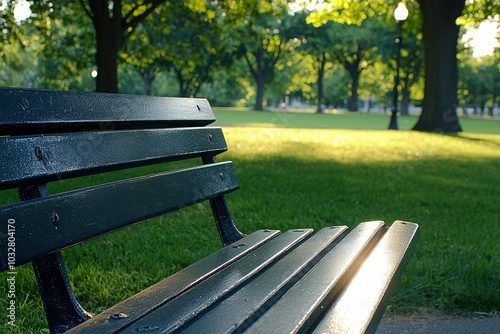 A Park Bench in the Sun, with a Lush Green Background photo