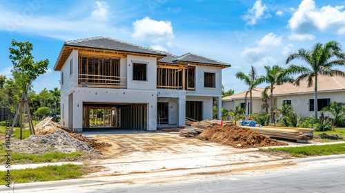 A new house under construction with materials and landscaping in a residential area.