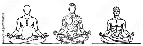 simple line art meditating figures set in monoline style black vector