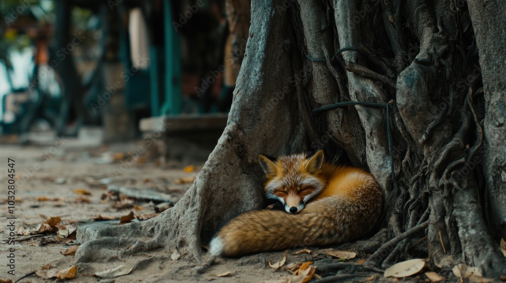 Obraz premium A fox curls up snugly at the base of a massive tree, finding comfort in the roots. Leaves are scattered around, suggesting a peaceful, natural environment