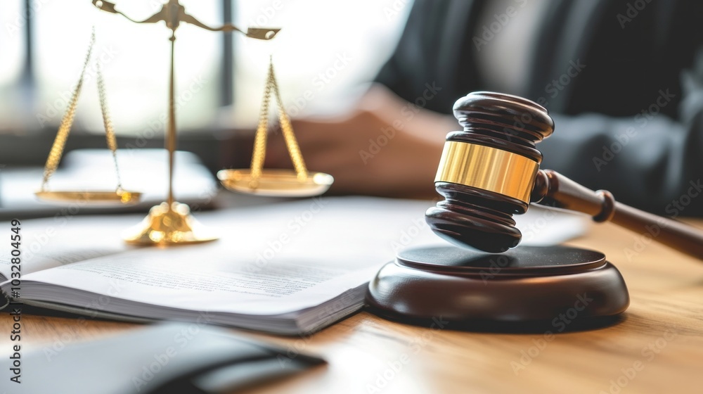 The gavel sits prominently on a wooden desk while legal documents and a scale of justice are visible, indicating an important judicial decision is underway