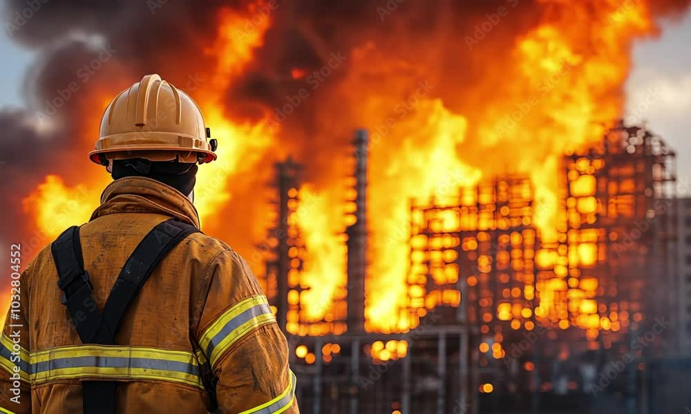 Firefighter Battling a Large Industrial Fire Firefighter Battling a Large Industrial Fire