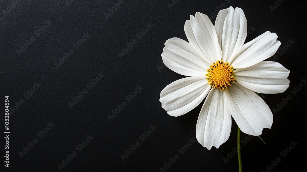 Obraz premium A white flower centered on a black background, its petals radiating a golden hue at its heart