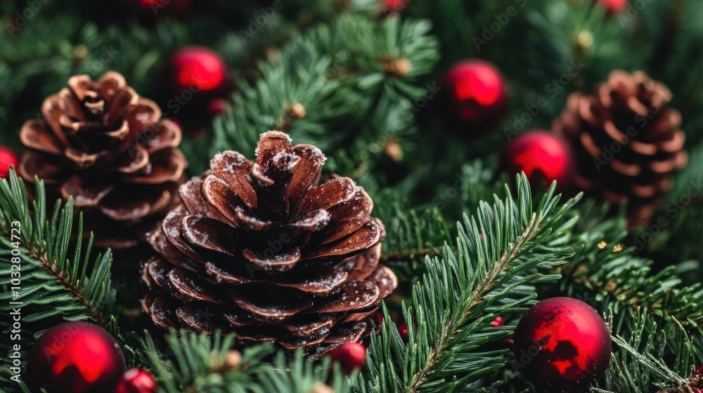 Fresh green fir branches adorned with bright red ornaments and rustic pine cones create a cozy and festive atmosphere perfect for holiday celebrations Fresh green fir branches adorned with bright red ornaments and rustic pine cones create a cozy and festive atmosphere perfect for holiday celebrations