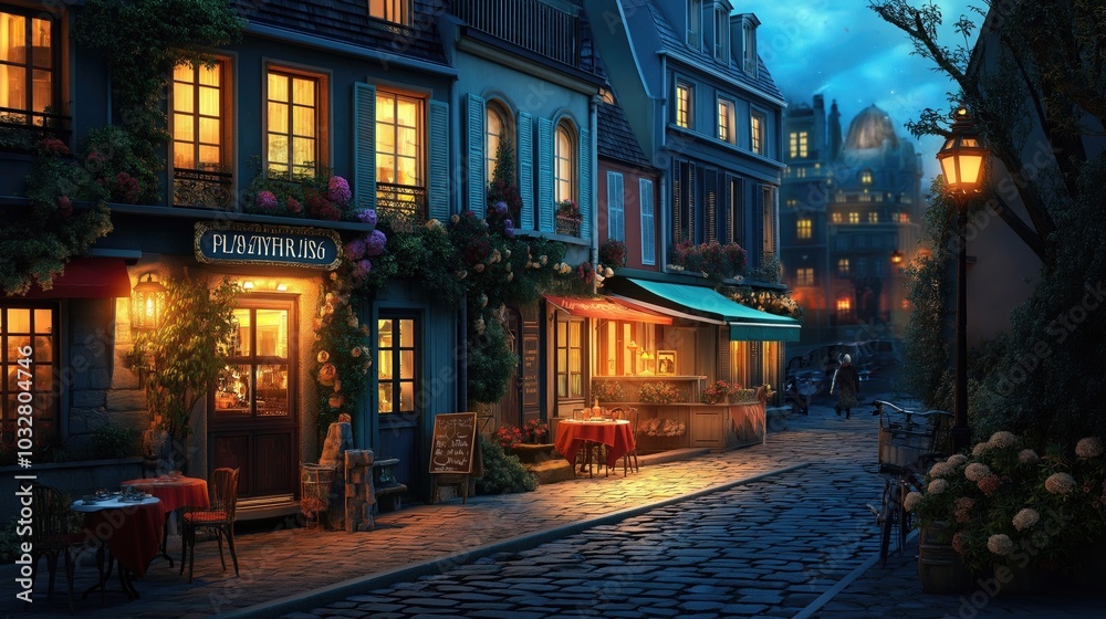 A charming Paris street illuminated by warm lights, featuring cafes and flower-adorned buildings. A charming Paris street illuminated by warm lights, featuring cafes and flower-adorned buildings.