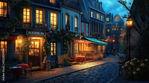 A charming Paris street illuminated by warm lights, featuring cafes and flower-adorned buildings.