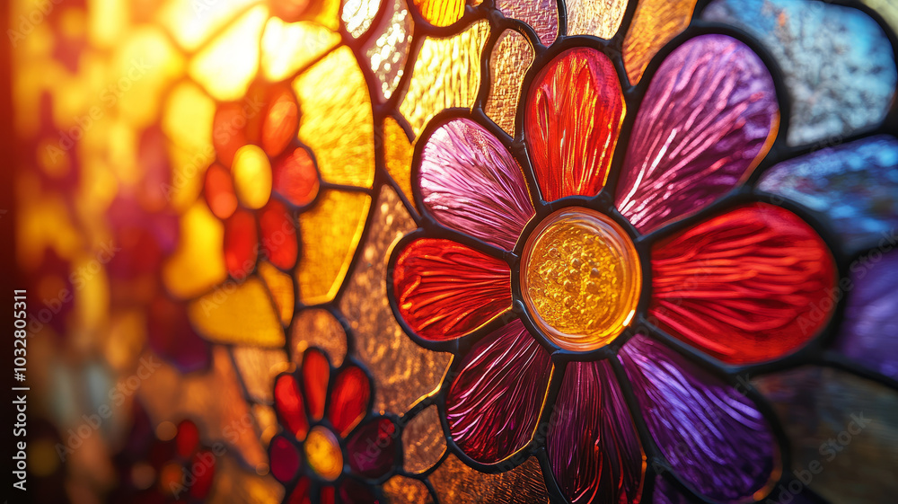 Fototapeta premium Vibrant flower design in stained glass window.