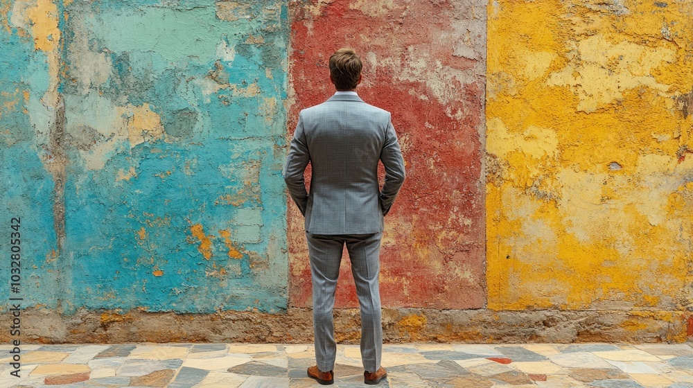 A man in a light gray suit stands with his back to the viewer, observing a vibrant, faded wall adorned with blue, red, and yellow sections, capturing a moment of reflection in the city A man in a light gray suit stands with his back to the viewer, observing a vibrant, faded wall adorned with blue, red, and yellow sections, capturing a moment of reflection in the city