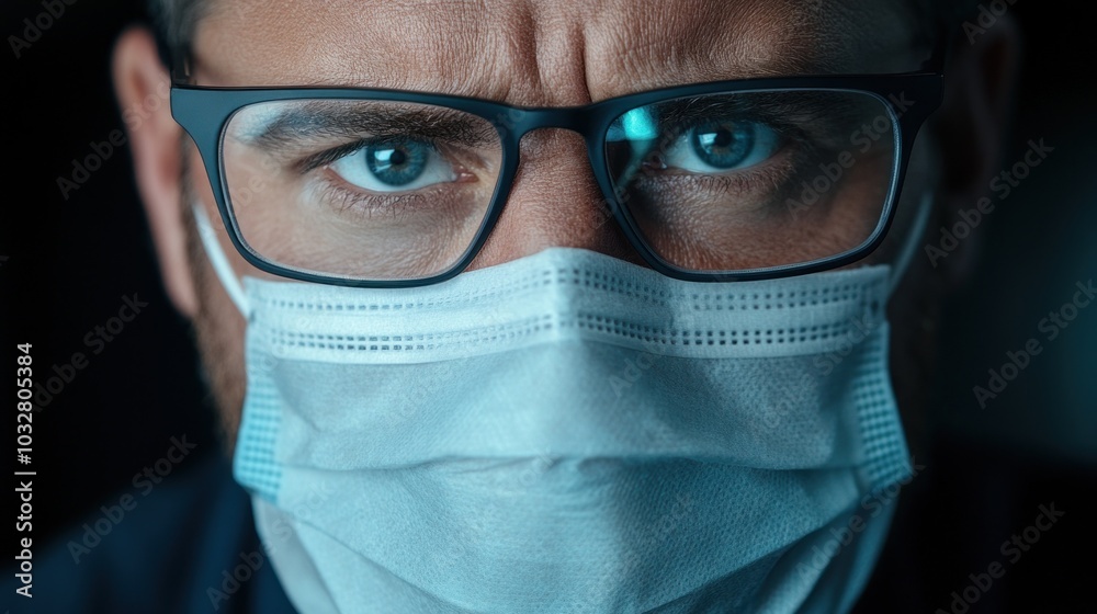 A man with glasses stares intensely while wearing a medical mask, showcasing a serious commitment to health and safety in a challenging environment A man with glasses stares intensely while wearing a medical mask, showcasing a serious commitment to health and safety in a challenging environment
